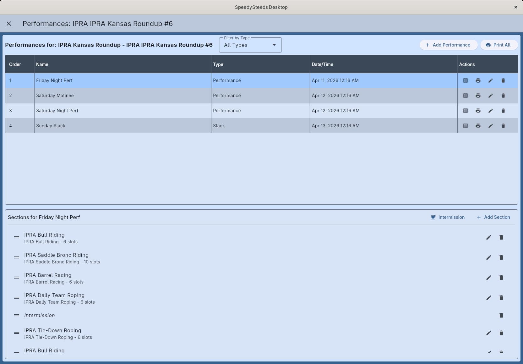 Performance scheduling screen