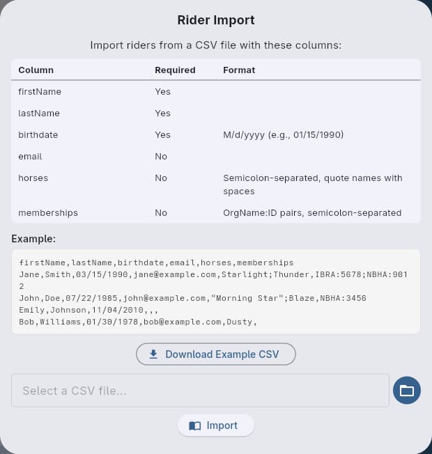 Rider import dialog