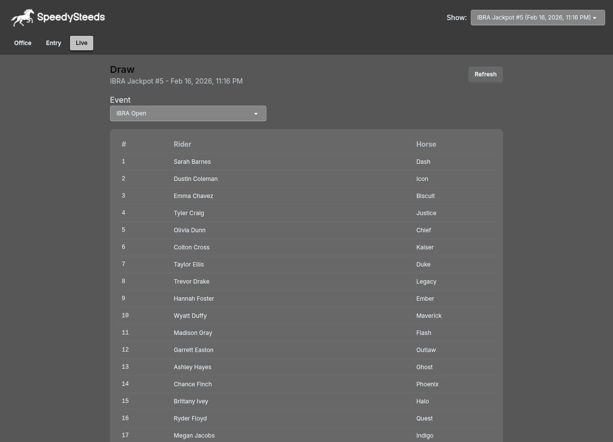 Live draw display on web portal